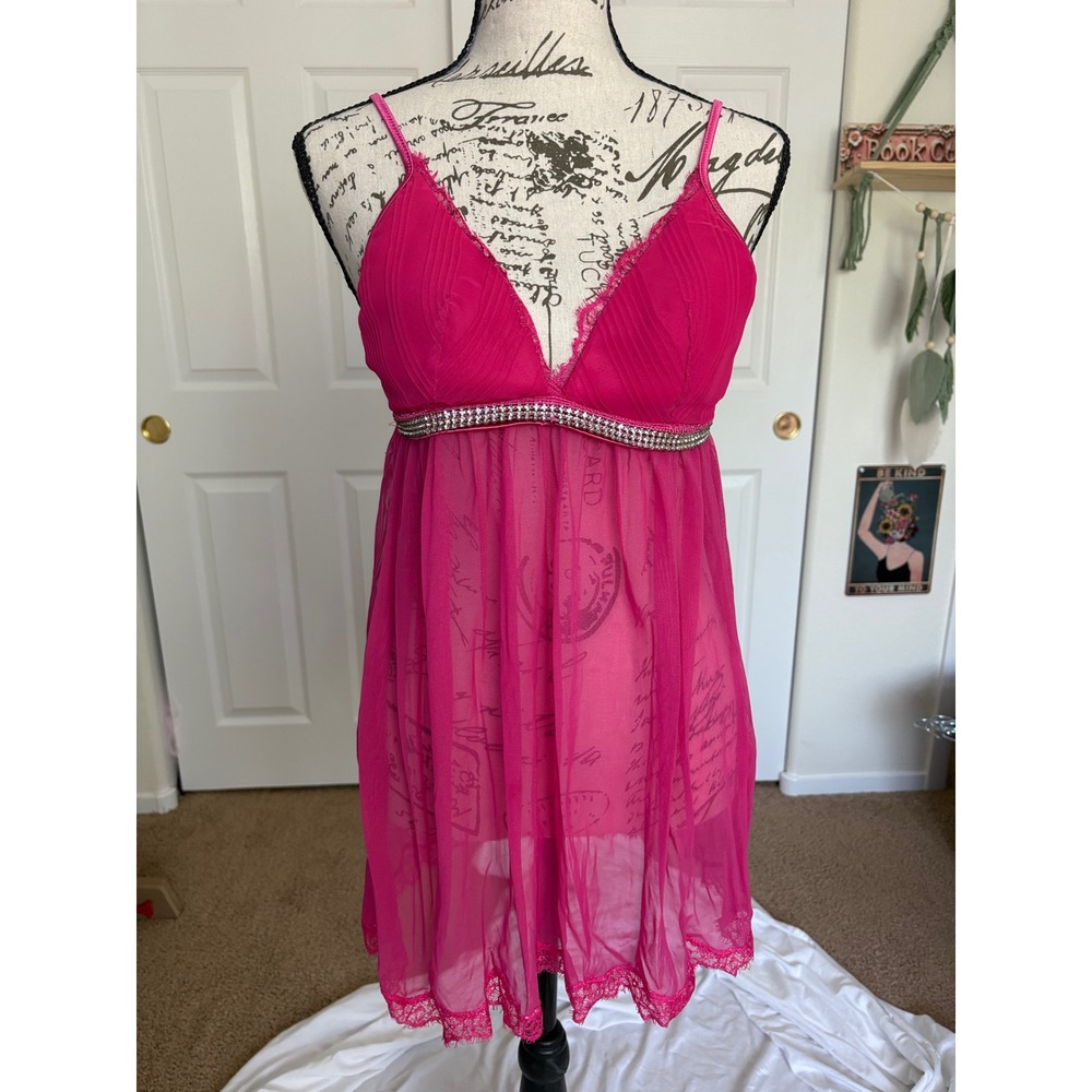 Victoria's Secret Sexy Little Things Hot Pink Rhinestone Mesh Babydoll 34B
